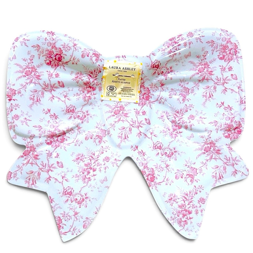 NEW! Laura Ashley Coquette White Pink FLORAL Bow Melamine Serving Tray Platter